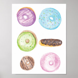 Póster Dónuts Variados Helados Pintados a Mano con Acuare