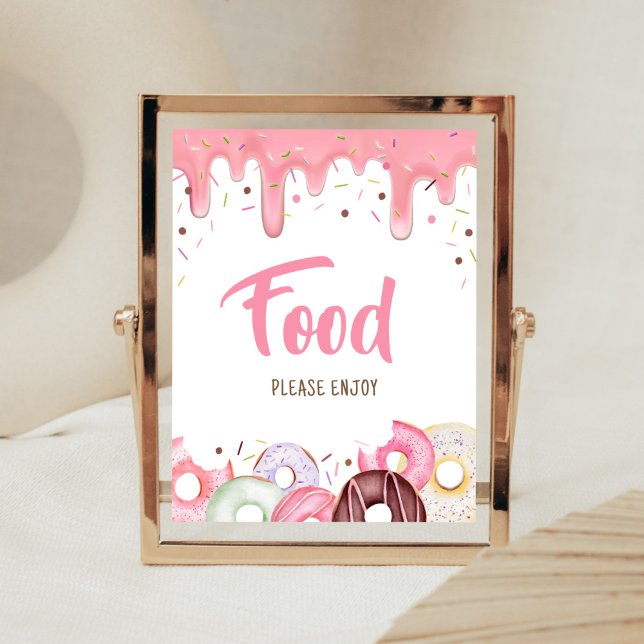 Póster Donuts y pañales rocian comida (Pink Donuts Girl Baby Shower Food Sign)