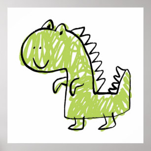 Póster Doodle de dinosaurio verde sonriente para la habit