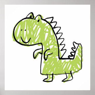 Póster Doodle de dinosaurio verde sonriente para la habit