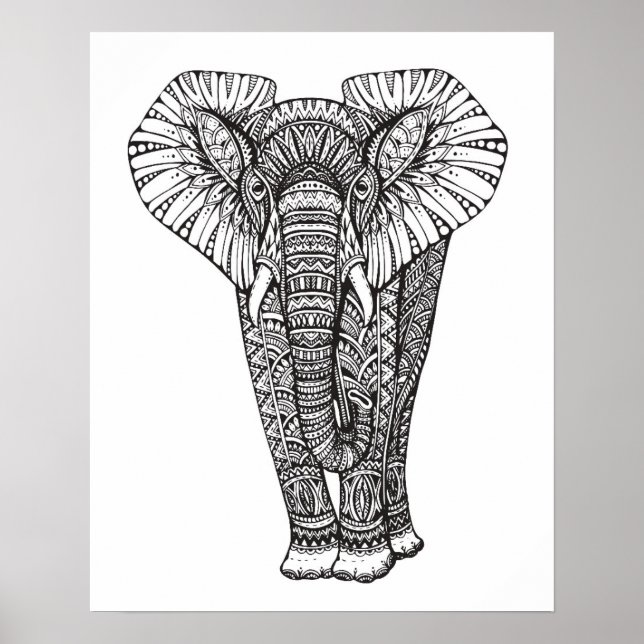 Póster Doodle de elefante con patrón de fantasía 2 (Frente)