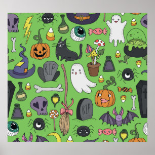 Póster Doodle de Halloween: Cuto concepto sin foco
