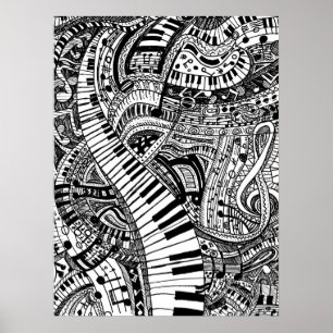 Póster Doodle de la música clásica con el teclado de