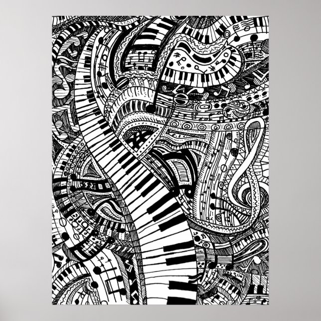 Póster Doodle de música clásica con teclado de piano (Frente)