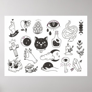 Póster doodle de tatuaje místico dibujado a mano, insigni