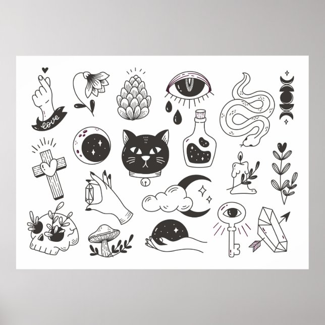Póster doodle de tatuaje místico dibujado a mano, insigni (Frente)