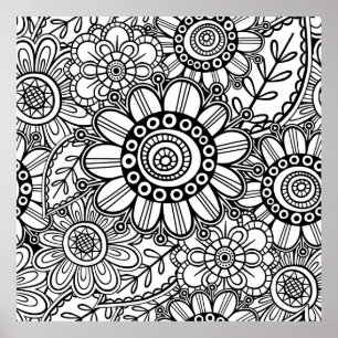 Póster Doodle Folk Art Floral Line Drawing Pattern