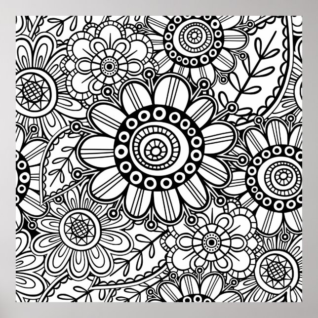 Póster Doodle Folk Art Floral Line Drawing Pattern (Frente)
