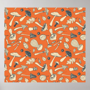 Póster Doodle Mushroom Vintage Seamless Wallpaper