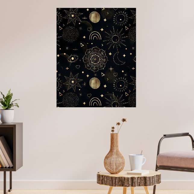 Póster Doodles Boho Gold Space Diseño Negro (Salón 3)