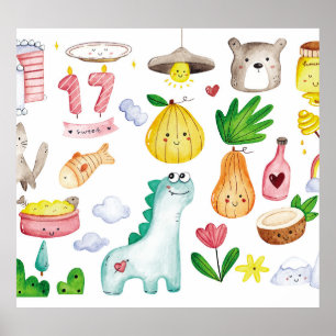 Póster Doodles de acuarela de Kawaii, pegatina listo.