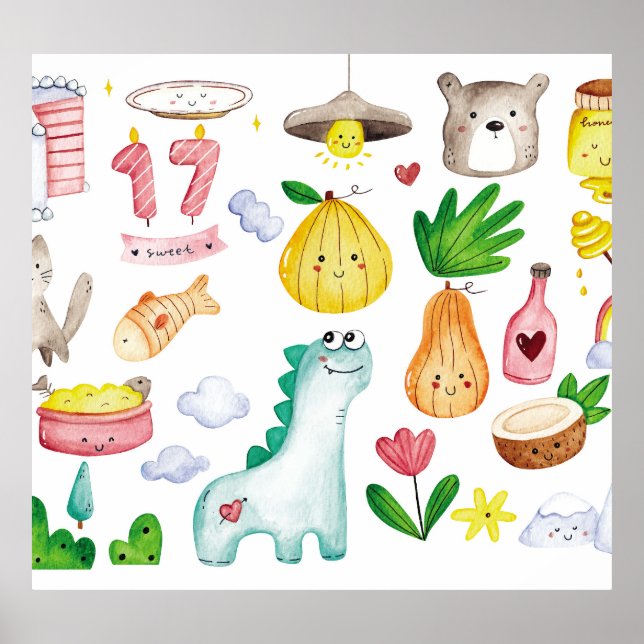 Póster Doodles de acuarela de Kawaii, pegatina listo. (Frente)