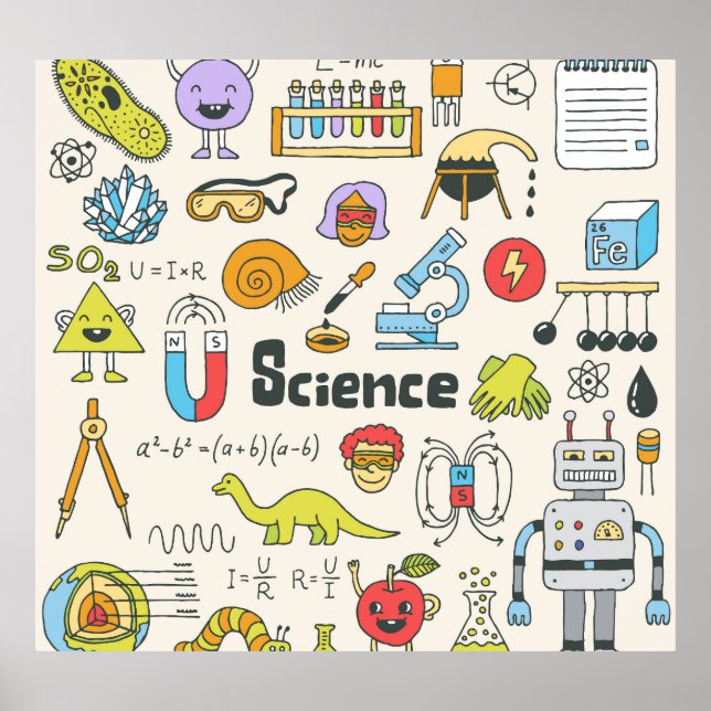 Póster Doodles de ciencia: conjunto de escuelas de mano. (Frente)