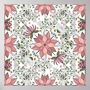 Póster Doodles De Flor Rosa De Color Rosa, Tile Art