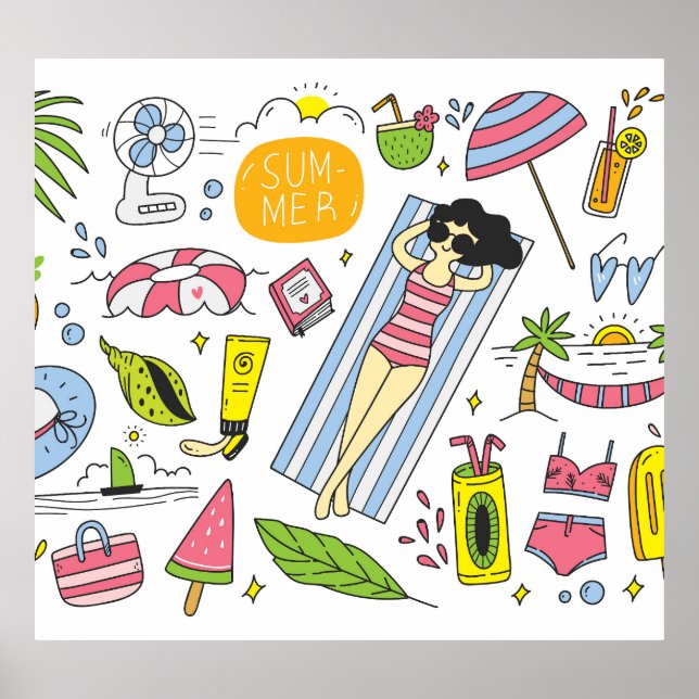 Póster Doodles De Verano: Conjunto De Fondo Blanco. (Frente)