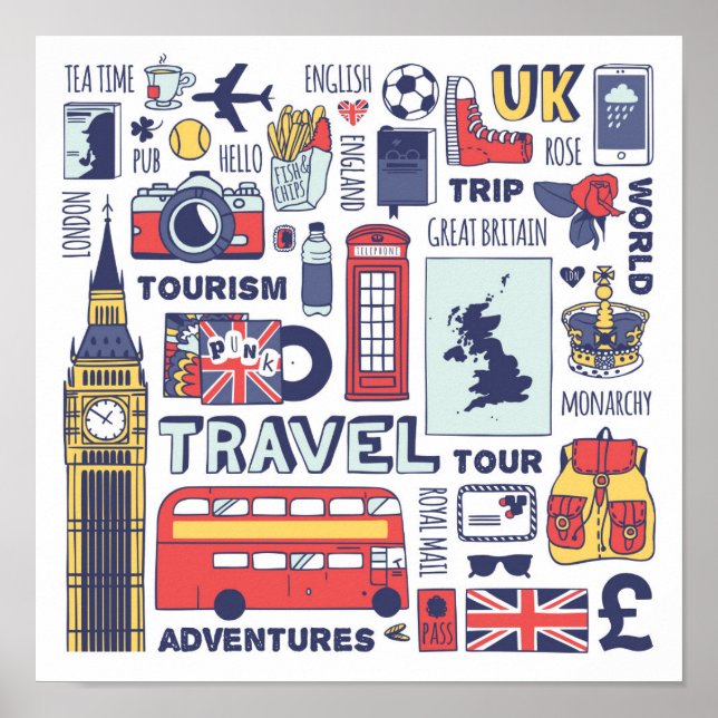 Póster Doodles de viajes de Inglaterra (Frente)