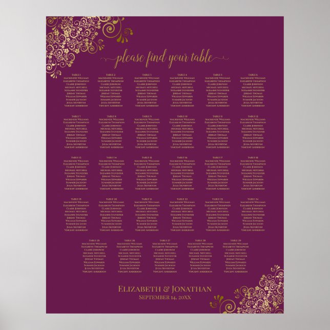 Póster Dorado 29 Boda de mesa Tabla de asientos Cassis Pú (Frente)