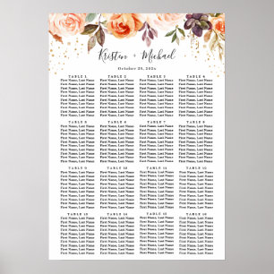 Póster Dorado Floral 16 Tablas Tabla de asientos Boda