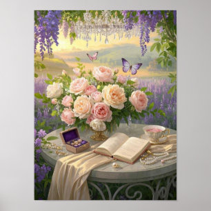 Póster Dorado floral de ensueño bañado luz de la hora dor