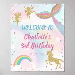 Póster Dorado Magnífico Unicornio Sirenita Cumpleaños