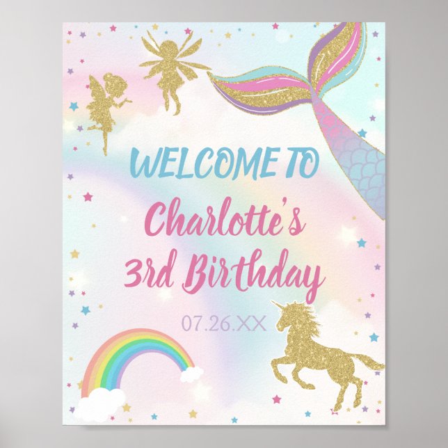 Póster Dorado Magnífico Unicornio Sirenita Cumpleaños (Frente)