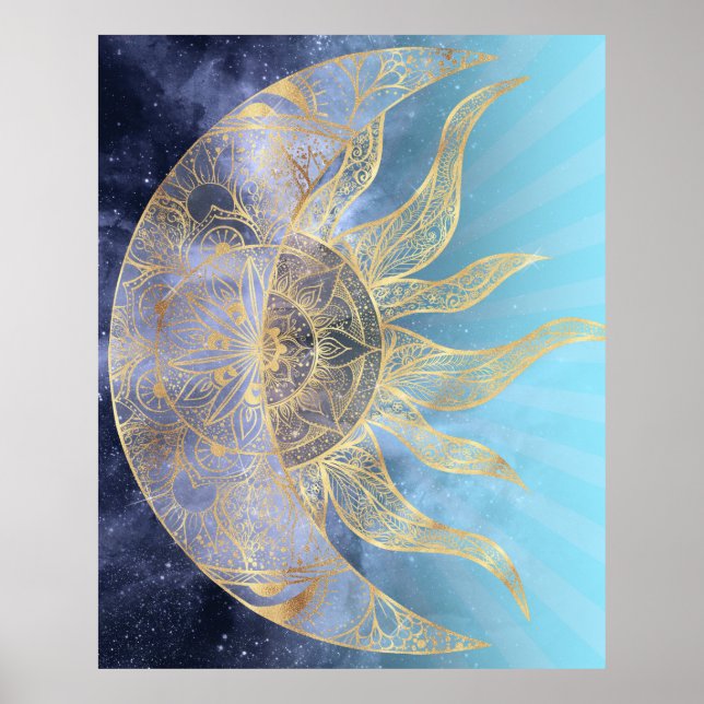 Póster Dorado Moon Sun Mandala Diseño Celeste (Frente)