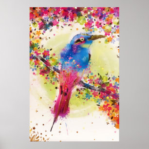 Póster Dorado Primavera Bird Flor Blossscolor de agua