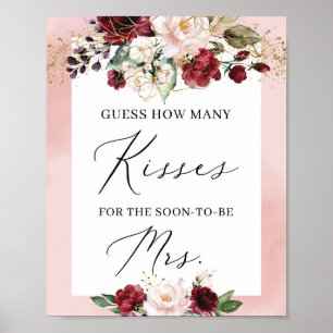 Póster Dorado rosa burdeos floral cuántos besos firmar