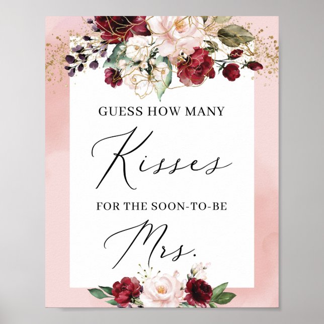 Póster Dorado rosa burdeos floral cuántos besos firmar (Frente)