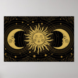 Póster Dorado Sun-Moon sobre la noche del negro celeste