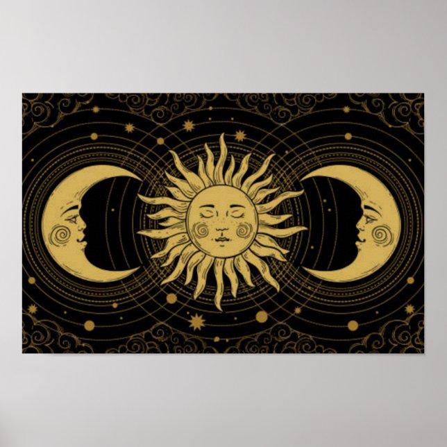 Póster Dorado Sun-Moon sobre la noche del negro celeste (Frente)