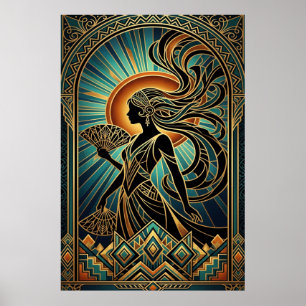 Póster dorado y azul turquesa de retrato de mujer 