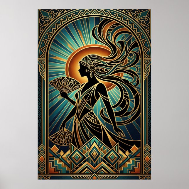 Póster dorado y azul turquesa de retrato de mujer  (Frente)
