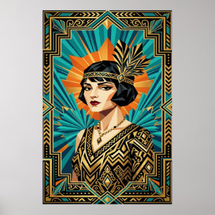 Póster dorado y azul turquesa de retrato de mujer 