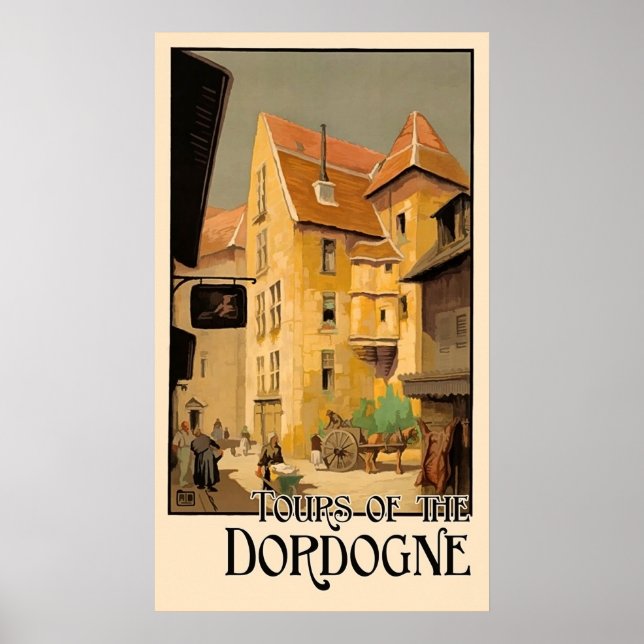 Póster Dordogne tour, ciudad, casas, Francia, viaje vinta (Frente)