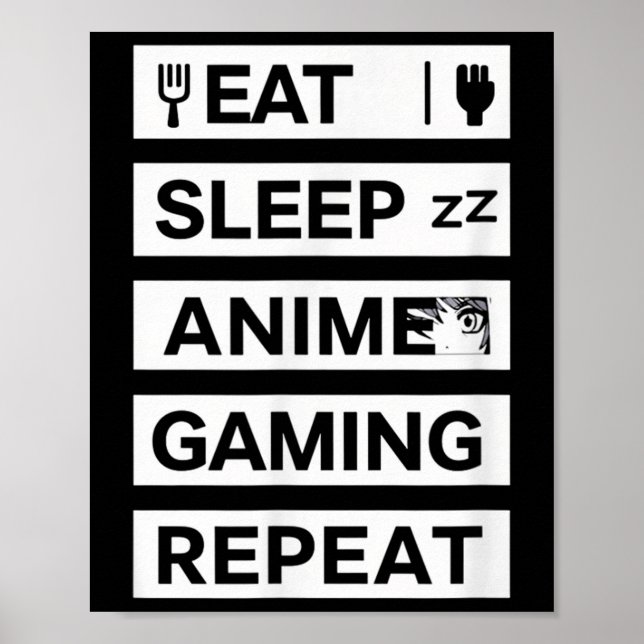 Póster Dormir Anime Gaming Repetir Otaku Gamer Humor (Frente)