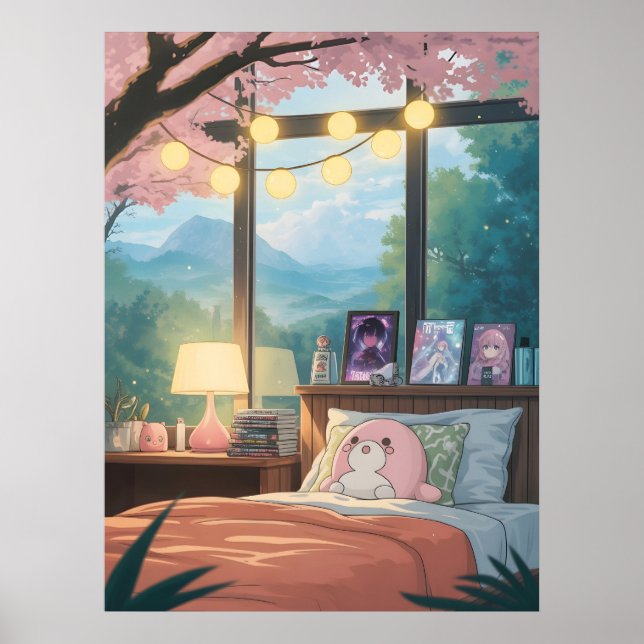 Póster Dormitorio de anime acogedor Kawaii Flor de Cerezo (Frente)