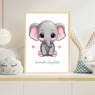 Póster Dormitorio de niña personalizado rosa gris elefant
