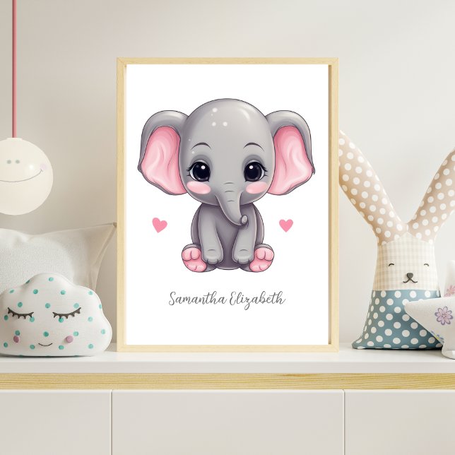 Póster Dormitorio de niña personalizado rosa gris elefant (Personalized Pink elephant Nursery wall Art poster.  Baby Shower gift for baby girl. Add her name)