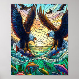 Póster Dos águilas calvas capturando peces sobre el agua 
