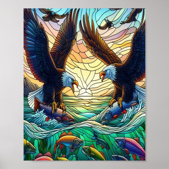 Póster Dos águilas calvas capturando peces sobre el agua  (Frente)