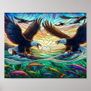 Póster Dos águilas calvas capturando peces sobre el agua