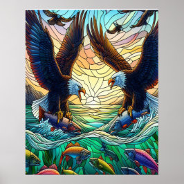 Póster Dos águilas calvas capturando peces sobre el agua 