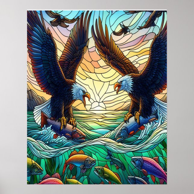 Póster Dos águilas calvas capturando peces sobre el agua  (Frente)