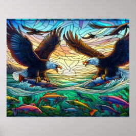 Póster Dos águilas calvas capturando peces sobre el agua 