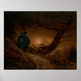 Póster Dos amigos hombres contemplan la luna de noche