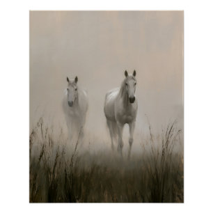 Póster Dos caballos blancos en una pintura de prado brumo