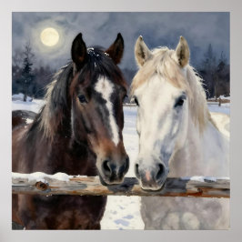 Póster Dos caballos en una granja nevada bajo la luna