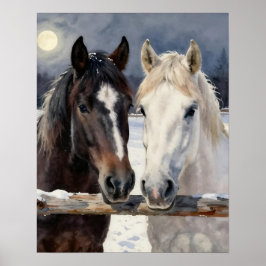 Póster Dos caballos en una granja nevada bajo la luna