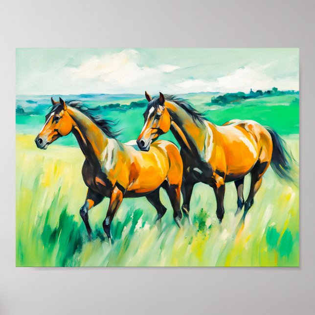 Póster Dos caballos marrones corriendo por el prado verde (Frente)